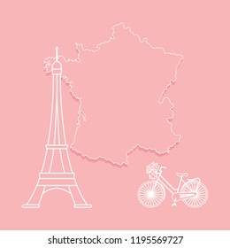 Map of France, famous tower of Paris, bicycle with a basket of flowers. Travel and leisure.