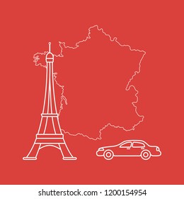 Map of France, famous tower of Paris, car. Travel and leisure.