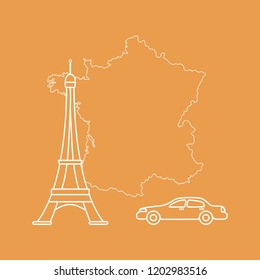 Map of France, famous tower of Paris, car. Travel and leisure.