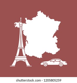 Map of France, famous tower of Paris, car. Travel and leisure.