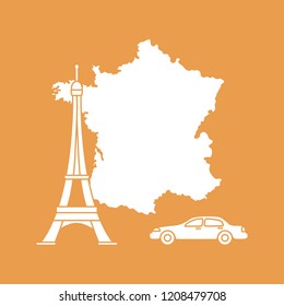 Map of France, famous tower of Paris, car. Travel and leisure.