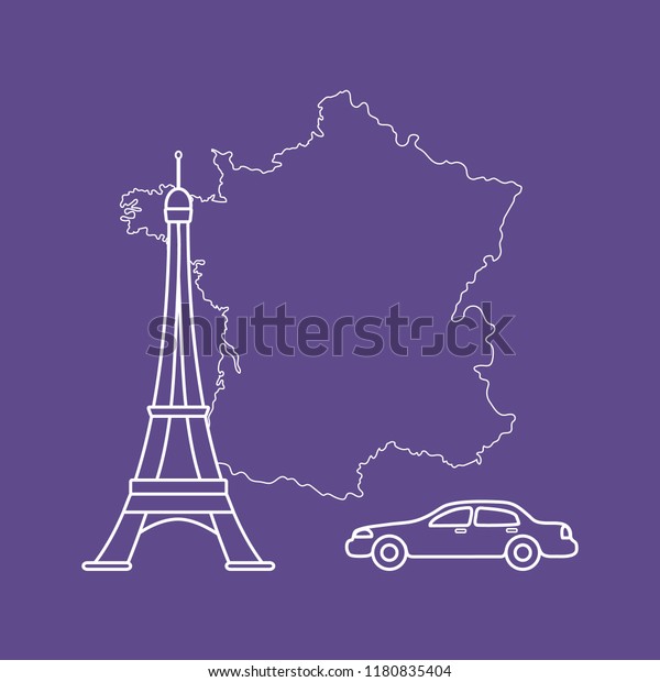 Map of France, famous tower of Paris, car.\
Travel and leisure.