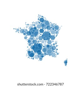 map of france filled with hexagons of different sizes and degrees of transparency
