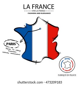 Map of France / French fashion houses in Paris location vector background / "Vive la France" is a french quote and it means "Hurray for France" 