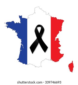 Map of France with the French flag and the black ribbon in mourning vector