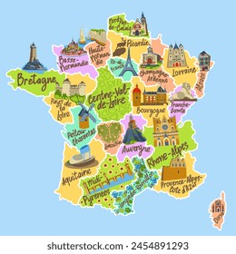 Map of France with French region names and pictures of landmarks. Vector colorful travel illustration.