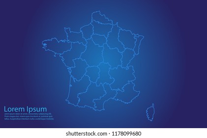 Map of france - With glowing point and lines scales on the dark gradient background.france map with country borders, thin Blue outline on Dark background.