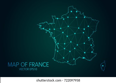 Map of France - With glowing point and lines scales on the dark gradient background, 3D mesh polygonal network connections.Vector illustration eps 10.