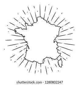 Map of France. Hand drawn vector illustration with a map of the France and divergent rays. Used for poster, banner, web, t-shirt print, bag print, badges, flyer, logo design and more. 
