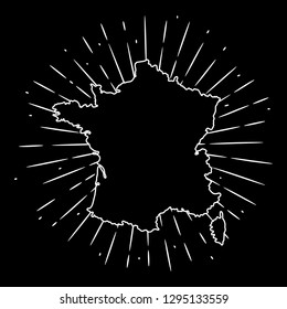 Map of France. Hand drawn vector illustration with a map of the France and divergent rays. Used for poster, banner, web, t-shirt print, bag print, badges, flyer, logo design and more. 