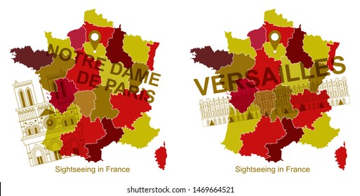 Map of France with the icon of attractions, Notre Dame de Paris and Versailles.
Banner for social networks, advertising, mailing, leaflets, invitations, postcards, website.