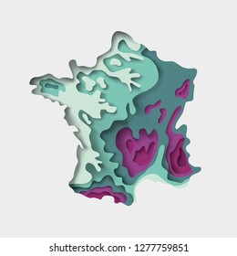 
Map of France. Imitation of the texture paper cut, origami. geographical features, plain and mountains. vector