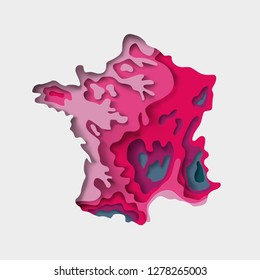 
Map of France. Imitation of the texture paper cut, origami. geographical features, plain and mountains. vector