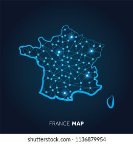 Map of France made with connected lines and glowing dots.