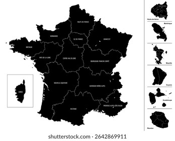 Map of France with metropolitan and overseas territories with administrative division of the country, vector detailed black and white illustration