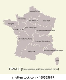 Map of France with the new regions and the new region's name