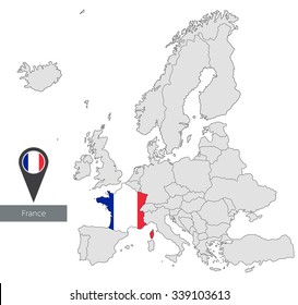 Map of France with an official flag. Location in Europe