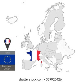 Map of France with an official flag. Location on European Union map