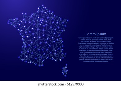 Map of France from polygonal blue lines and glowing stars vector illustration