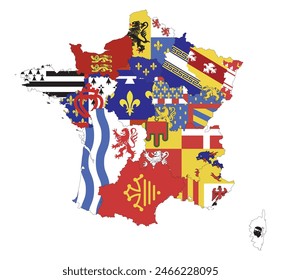 Map of France with its provincial flags. Vector illustration