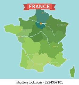 Map of France with regions. Flat style illustration