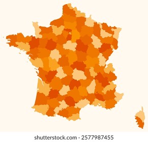 Map of France with regions. Just a simple country border map with region division. Orange color palette. Plain France shape with administrative division. Vector illustration.