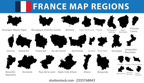 Map of France regions map set outline silhouette graphic element Illustration template design
