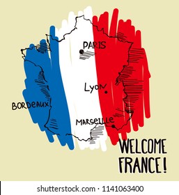Map of France in sketch style, vector illustration