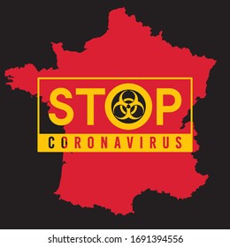 Map of France with stop sign -  biohazard sign. Red map on a black background. Vector illustration.