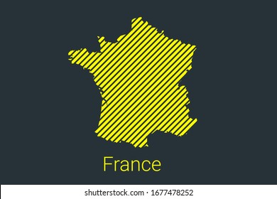 Map of France, striped map in a black strip on a yellow background for coronavirus infographics and quarantine area markers and restrictions. vector illustration