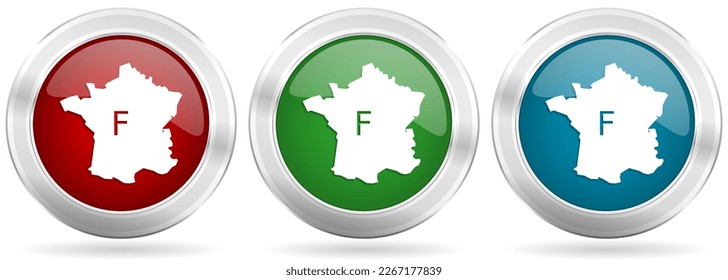 Map of France vector icon set. Red, blue and green silver metallic web buttons with chrome border