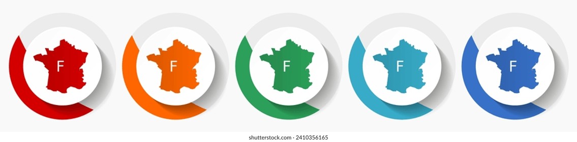 Karte von Frankreich, Vektorsymbol-Set, flache Symbole für Logo-Design, Webdesign und mobile Anwendungen, bunter runde Schaltflächen