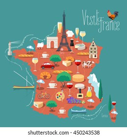 Map of France vector illustration, design. Icons with French Eiffel tower, wine, arch of triumph. Paris capital. Explore France concept image