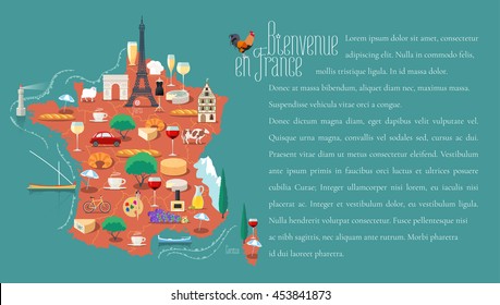 Map of France vector illustration, design. Icons with French Eiffel tower, wine, arch of triumph. Paris capital. Explore France concept. Bienvenue en France - Welcome to France