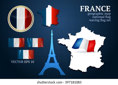 Map of France vector illustration with flags collection set