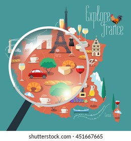 Map of France vector isolated illustration. Set of icons with French Eiffel tower, Paris symbol, croissant, baguette, Alps, other touristic landmarks. Explore, travel to France concept