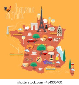 Map of France vector isolated illustration. Set of icons with French Eiffel tower, Paris symbol, croissant, baguette, Alps, other landmarks. Bienvenue en France - Welcome to France