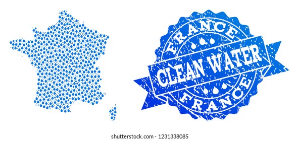 Map of France vector mosaic and clean water grunge stamp. Map of France composed with blue aqua drops. Seal with unclean rubber texture for clear drinking water.