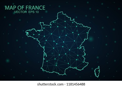 Map France. Wire Frame 3D mesh polygonal network line, design sphere,France map on dark background. Vector illustration eps 10.