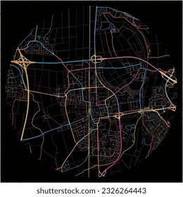 Map of FrankenthalPfalz, Rheinland-Pfalz with all major and minor roads, railways and waterways. Colorful line art on black background.