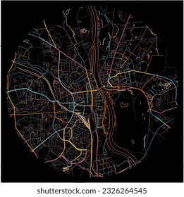 Karte von FrankfurtOder, Brandenburg mit allen wichtigen und kleineren Straßen, Eisenbahnen und Wasserstraßen. Farbige Linienkunst auf schwarzem Hintergrund.