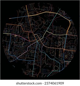 Map of Franklin, Tennessee with all major and minor roads, railways and waterways. Colorful line art on black background.