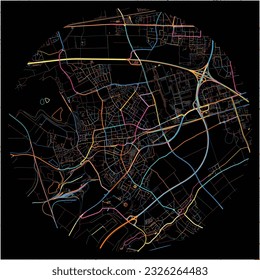 Map of Frechen, North Rhine-Westphalia with all major and minor roads, railways and waterways. Colorful line art on black background.