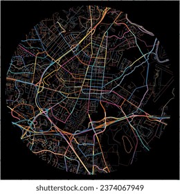 Map of Frederick, Maryland with all major and minor roads, railways and waterways. Colorful line art on black background.