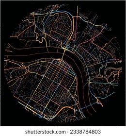 Map of Fredericton, New Brunswick with all major and minor roads, railways and waterways. Colorful line art on black background.