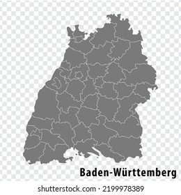 Karte den Freistaat Baden-Württemberg auf transparentem Hintergrund. Baden-Württemberg Landkarte mit grauen Kreisen für Ihr Design. Land Deutschland. EPS10.