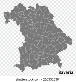 Mapa del estado libre de Baviera sobre fondo transparente. Mapa de Baviera con distritos en gris para el diseño de tu sitio web, logotipo, aplicación, interfaz de usuario. Tierra de Alemania. EPS10.