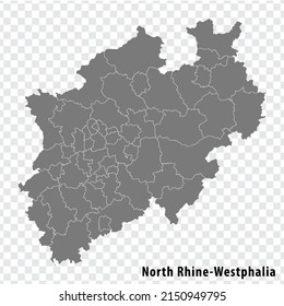 Map Free State of North Rhine-Westphalia on transparent background. North Rhine-Westphalia map with  districts  in gray for your web site design, logo, app, UI. Land of Germany. EPS10.