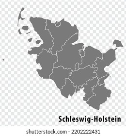 Map Free State of Schleswig-Holstein on transparent background. Schleswig-Holstein map with  districts  in gray for your design. Land of Germany. EPS10.