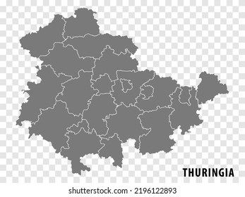 Mapa del estado libre de Turingia con fondo transparente. Mapa de Turingia con distritos en gris para el diseño de su sitio web, logotipo, aplicación, UI. Tierra de Alemania. EPS10.